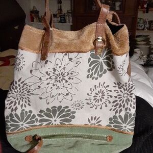 Lucky Brand Floral Canvas Suede Leather Backpack Should Bag with Tan Straps